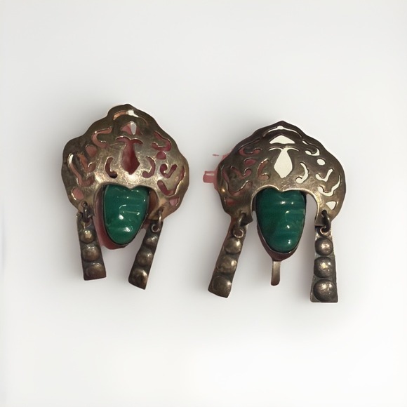 Sterling Jewelry - Signed Mexico Sterling Carved Jade Face Earrings .925 Silver  Aztec Mayan Head
